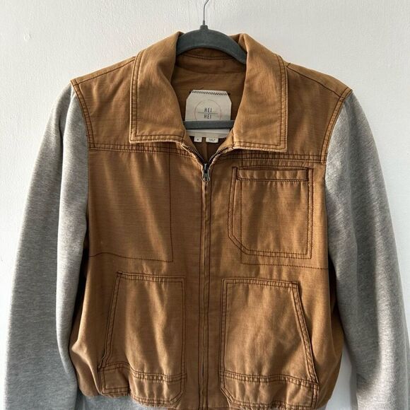 Hei Hei Anthropologie Tan Gray Color Block Full Zip Jacket Size M Sweater - Picture 2 of 11